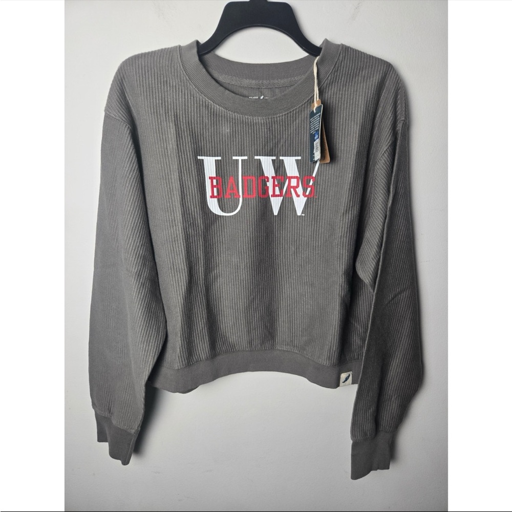Unwind by League UW Badgers Ribbed Cropped Sweatshirt Womens L Gray NWT